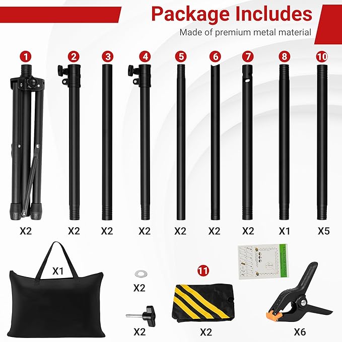 JSungo Backdrop Stand, Adjustable 10x7.5 FT Background Stand Backdrop for Parties, Photo Video Studio, Portable Photography Backdrop Stand with Carrying Bag, 6 Backdrop Clamps, and 2 Stand Bags