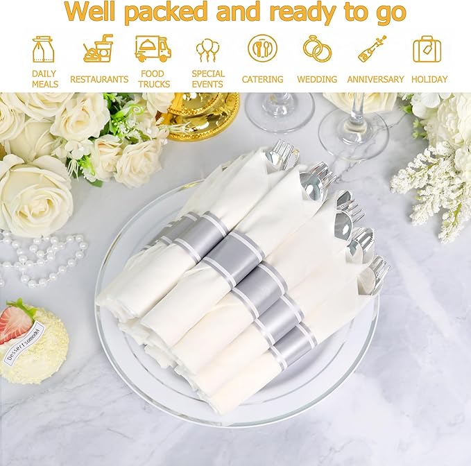 200 Pack Pre Rolled Silver Plastic Silverware Set,Wrapped Plastic Cutlery Set with Napkin Include 200 Forks,200 Spoons,200 Knives and 200 White Napkins for Party,Wedding,Christmas