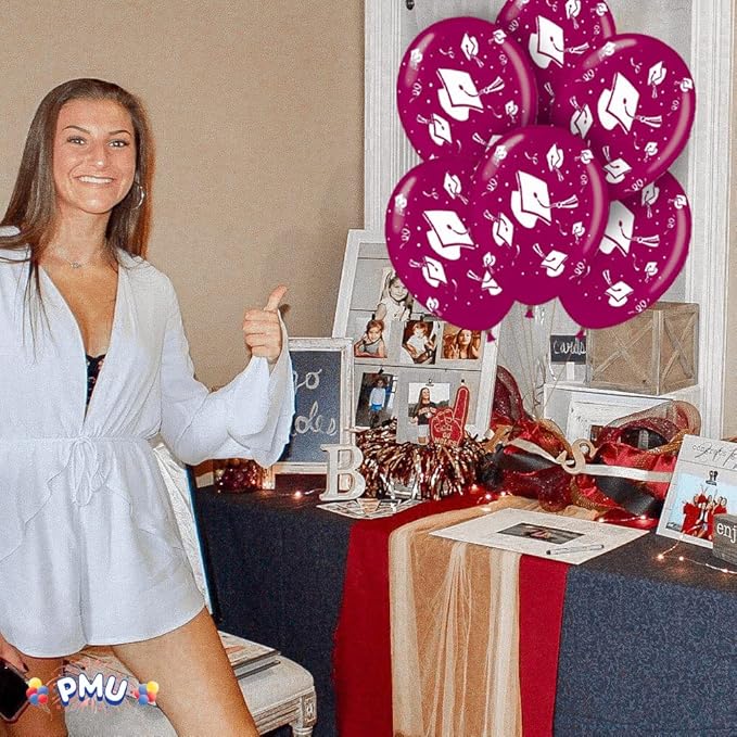 PMU 100 Pcs Burgundy Graduation Balloons Class of 2025 with All-Over Print White Grad Caps-Confetti and Streamers | Graduation Party Supplies | Congratulations Grad Latex Balloons Latex