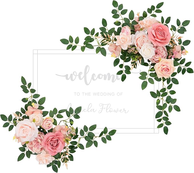 2pcs Dusty Pink Artificial Flower Swags Decor Wedding Welcome Sign Easel Board Rose Eucalyptus Garland for Outdoor Party Ceremony Backdrop Reception Entryway Table Decor Faux Floral