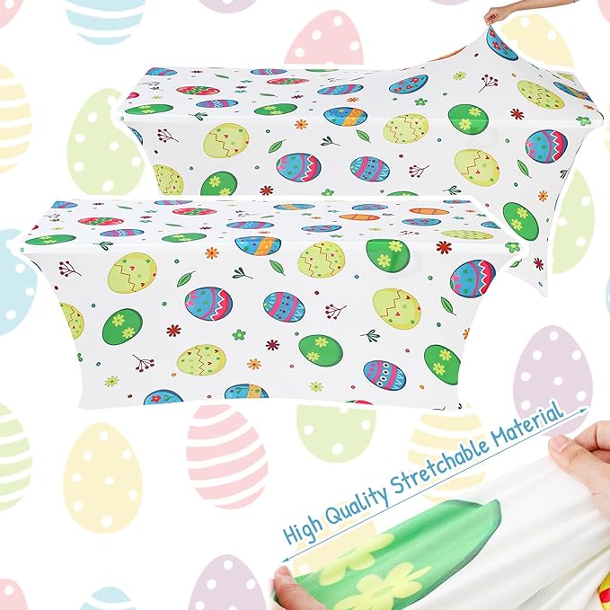 Oudain 2 Pcs Easter Stretch Table Cover 6 Feet Easter Spandex Table Clothes Egg Theme Party Decorations for Holiday Party Celebration Picnic Dinner Decor
