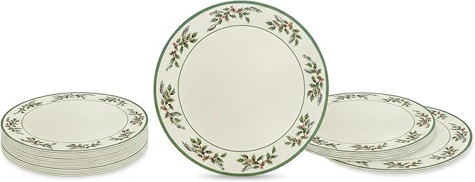 Spode Christmas Tree Holly Dinner Plates, Set of 4-10 Inch Stoneware with White Center & Holly Accents - Festive Holiday Tableware, Microwave, Dishwasher & Freezer Safe, Seasonal Dining Essentials
