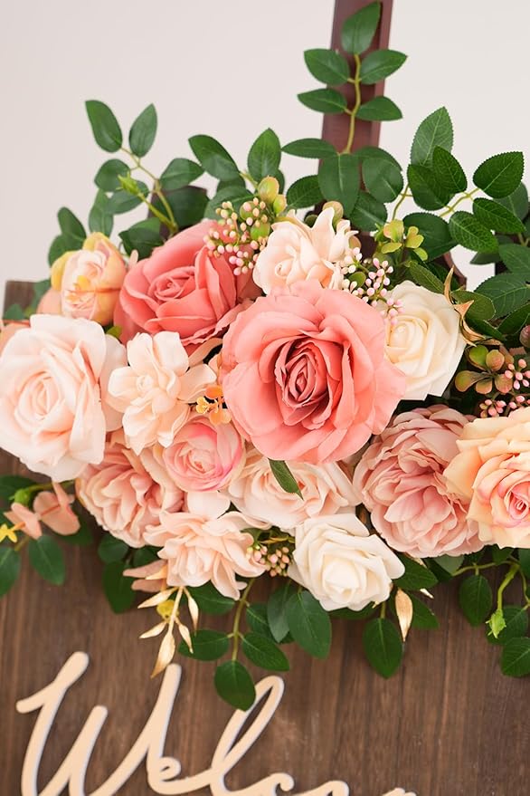 2pcs Dusty Pink Artificial Flower Swags Decor Wedding Welcome Sign Easel Board Rose Eucalyptus Garland for Outdoor Party Ceremony Backdrop Reception Entryway Table Decor Faux Floral