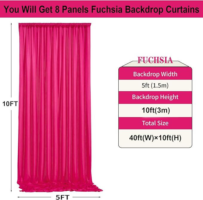 40ft x 10ft Fuchsia Wrinkle Free Backdrop Curtains for Parties,8 Panels 5×10ft Thick Silky Polyester Hot Pink Photo Backdrop Drapes Curtain for Barbie Party Wedding Birthday Baby Shower Photography