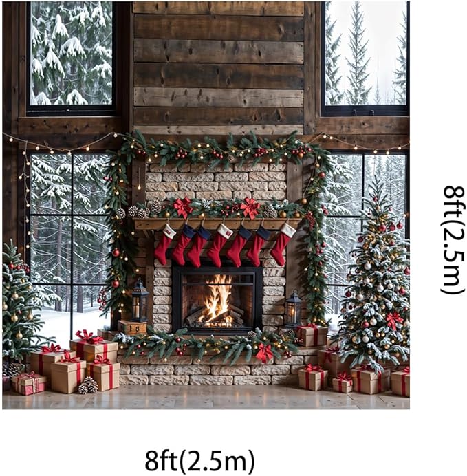 Kate 8x8ft Christmas Photo Backdrop Winter Fireplace with Stockings Decoration Snow Window Backgronds Christmas Tree Scene Xmas Party Background for Photography