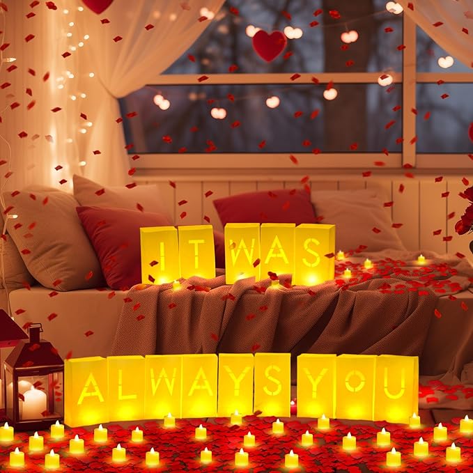 6086 Pcs It was Always You Light up Letters with LED Flameless Tealight Candle Red Rose Petal Letter Luminary Paper Bag for Valentine's Day Decoration Proposal Romantic Special Night Decor