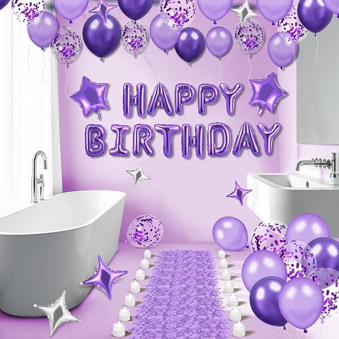 Purple Happy Birthday Balloons Decorations Purple Lavender Birthday Balloon Letters Banner with 6 Pcs Star Balloons Artificial Rose Petals 24 Flameless LED Candles for Room Hotel Party Decorations