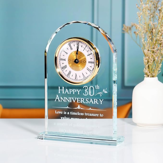 YWHL 30th Wedding Anniversary Clock Gifts for Husband Wife, 30 Years Wedding Anniversary Glass Clock Gift for Couples, Glass Keepsake for 30 Years of Marriage Home Decoration (Battery not Included)