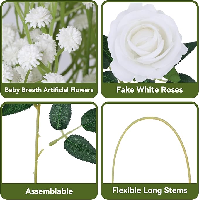 HyeFlora 35 PCS Artificial White Roses with 15 PCS Fake Baby Breath Realistic Fake Flowers Bouquet with Stem for DIY Wedding Party Home Decoration Vase Tables Centerpieces Arrangements Gift for Her