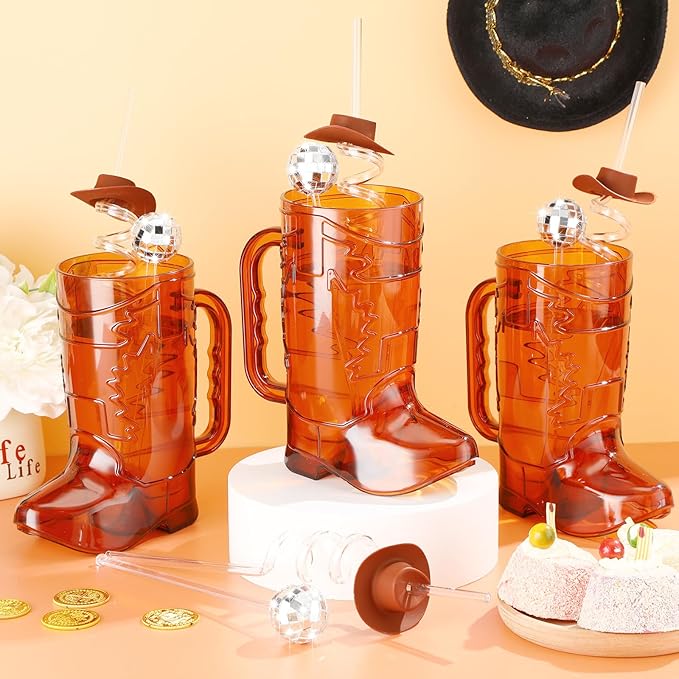 36 Pcs Cowboy Party Supplies, 12 Brown Cowboy Drink Mugs 12 Cowgirl Hat Straws 12 Mirror Disco Ball Stirrers for Western Theme Birthday Party Favors Decoration