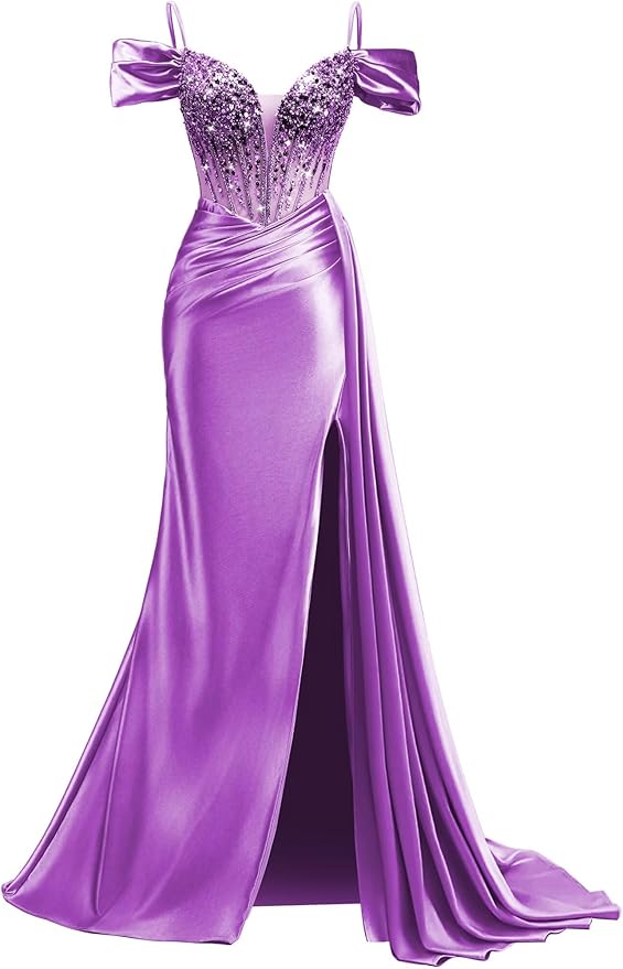 Rjer Off The Shoulder Satin Prom Dresses Long with Slit Tail 2026 Sequin Beaded Pleated Evening Ball Gown for Women Formal