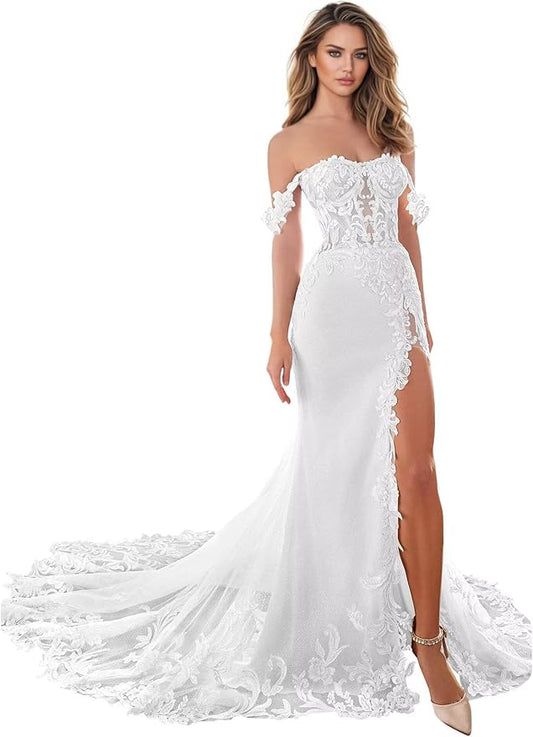 Zeeyecie Mermaid Tulle Wedding Dresses Lace Applique Corset V-Neck Sparkly Bridal Gowns with Train for Brides