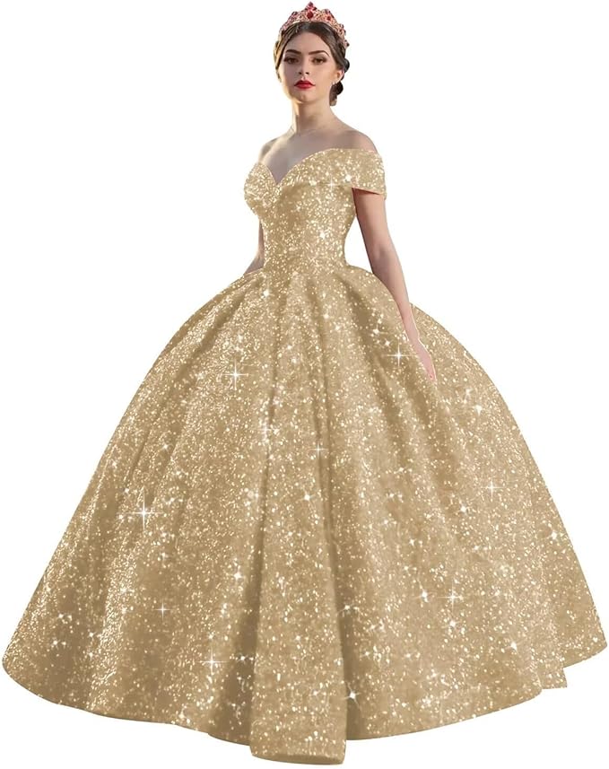 Quinceanera Dress Long Ball Gown Sparkly Sequin Off Shoulder V Neck Prom Dresses