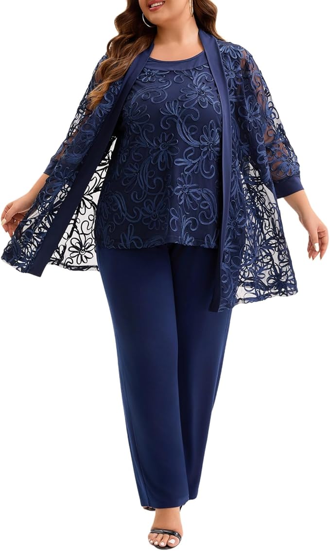 Plus Size 3 Piece Floral Embroidered Pantsuit Set Women Mother of Bride Wedding Guest Formal Evening Cocktail Party Attire