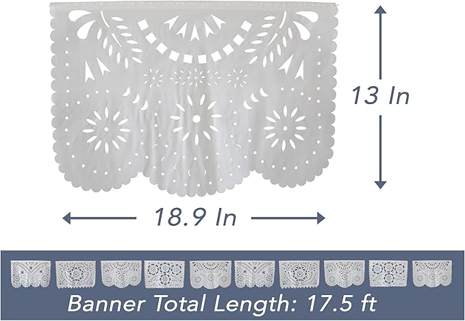 Papel Picado White Plastic Banner 5 Pack, 19 x 13 in Giant Panels, 82 Ft Total Length, 50 Panels, Mexican Wedding Fiesta Quinceañera Decor