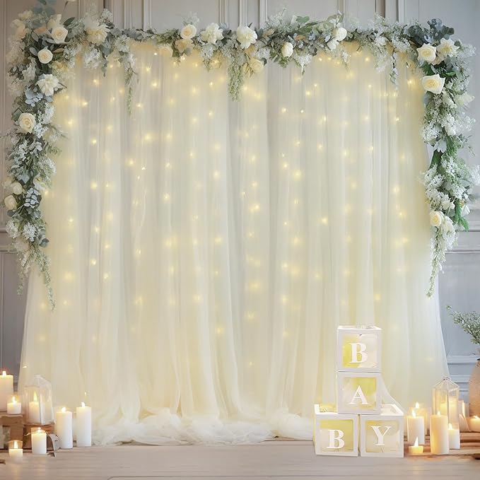 30x8ft Ivory Tulle Backdrop Curtain with Lights String for Parites, Sheer Photo Backdrop Curtains with Lights for Wedding Backdrop Ceremony Reception Bridal Shower Baby Shower Birthday Party