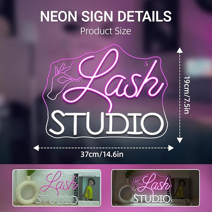 Lash Studio Neon Sign Eyelashes Room Neon Signs For Wall Decor Dimmable Led Light Spa Beauty Makeup Salon Studio Barber Shops Decoration Lash Tech Gifts Usb Powered 14.6" X 7.5"