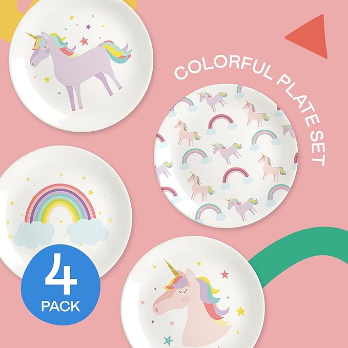 Tiny Expressions Unicorn Plates – 10" Set of 4 Reusable Melamine Party Plates with Rainbows, Stars & Whimsical Unicorns – Ideal for Everyday Use, Table Decor, Gifts, Birthdays & Party Favors
