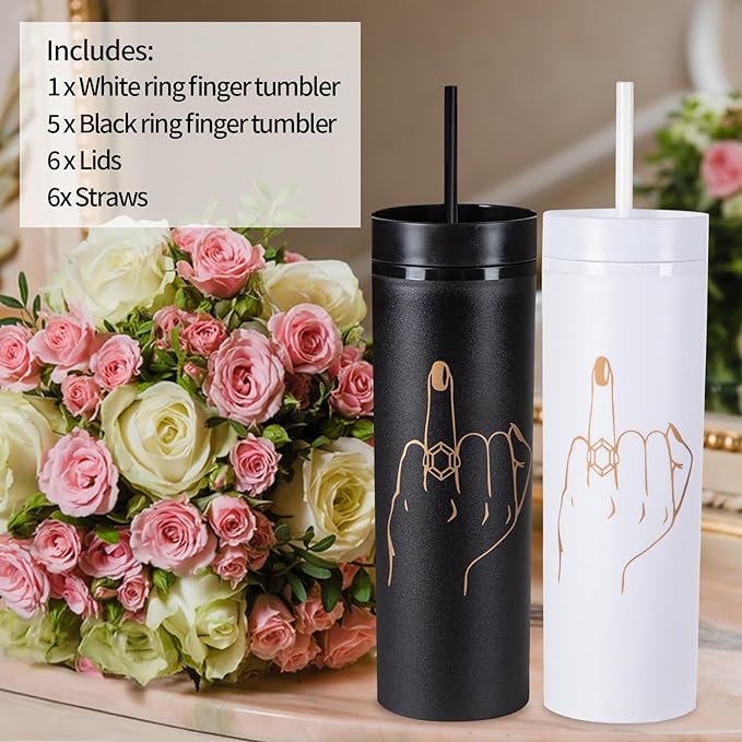6 Pack Ring Finger Skinny Tumblers| 16 oz Bachelorette Party Cups.Engagement Wedding Gifts.Bridesmaid Proposal Gifts.Bridal Shower Gifts.Bride Bridesmaids Bridal Party Tumblers Cups(Black).