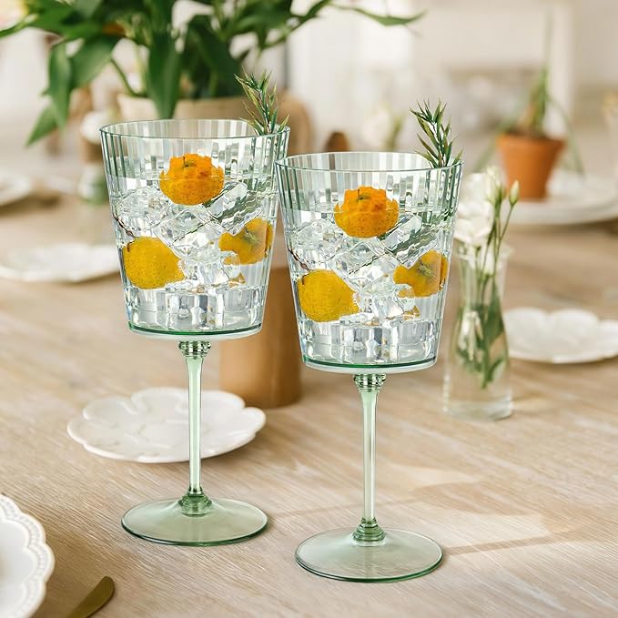 24 PCS Green Plastic Wine Glasses with Removable Stems 13.5 Oz Ribbed Wine Glasses Square White Wine Glass Muted Pastel Colors Goblets Elegant Fluted Glassware for Wedding Anniversary Birthday
