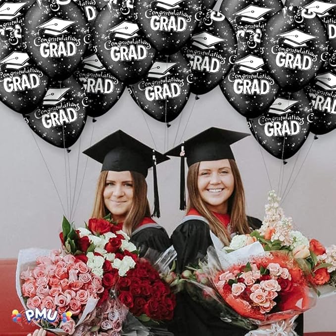 PMU 100 Pcs Black Graduation Balloons Class of 2026 with All-Over Print White Grad Caps-Confetti and Streamers | Graduation Party Supplies | Congratulations Grad Latex Balloons Latex