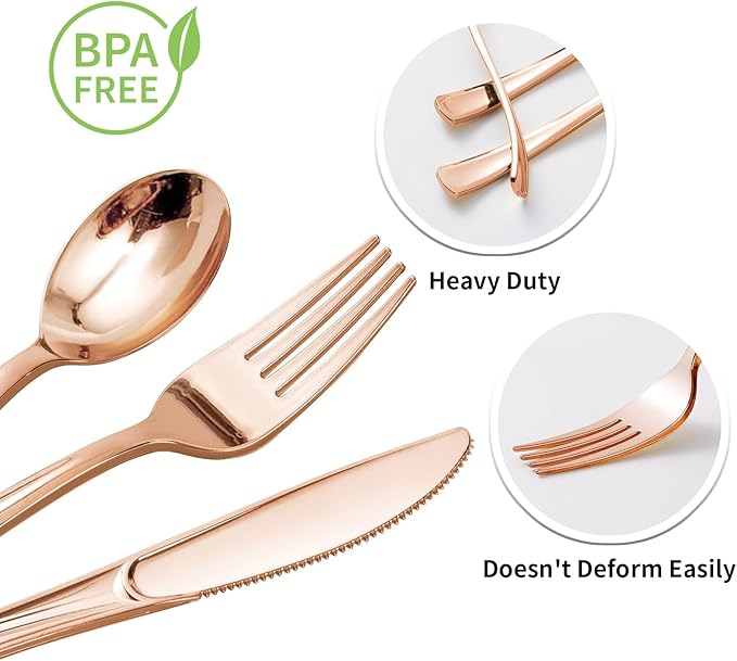 Goodluck 100 Pack Pre Rolled Rose Gold Plastic Silverware, Wrapped Cutlery Set with Napkin Include 100 Forks, 100 Knives, 100 Spoons and 100 Napkins, Fancy Disposable Silverware for Party, Wedding