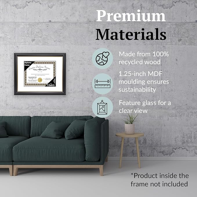Creative Picture Frames 7.5" x 9.5" Rockefeller Black w/Gold Rim Diploma Frame, Displays 7.5" x 9.5" Certificate or 10" x 12" Document w/o Mat, College Degree Frame, Full-Strength Glass, White Mat