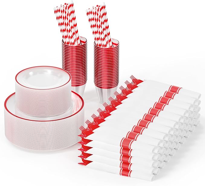 ROVSUN 400 Piece Red Disposable Dinnerware Set for 50 Guests, Clear Plastic Plates for Party, 50 Pre-Rolled Napkins,Silverware,Dinner & Dessert Plates,Cups,Straws for Wedding Birthday Event