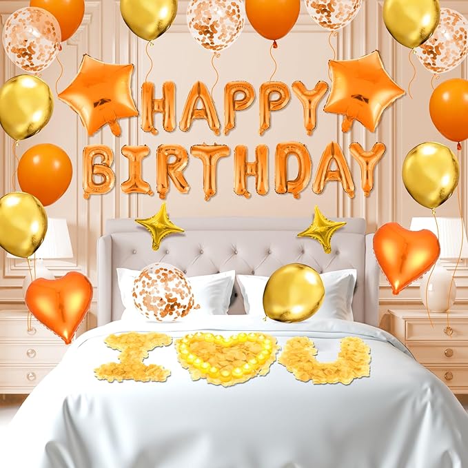 Orange Birthday Balloons Decorations Orange Happy Birthday Balloon Letters Banner with 6 Pcs Star Balloons Artificial Rose Petal 24 Flameless LED Candles for Room Hotel Party Decorations Supplies