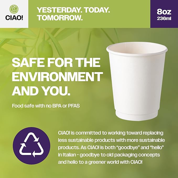 CIAO! 8 oz Insulated Double Wall White Paper Hot Cup, 80mm Diameter, 500 Count