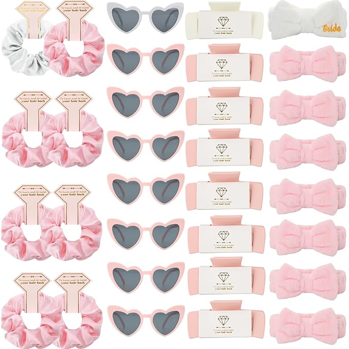 Bridesmaid Scrunchies Proposal Hair claws clips Set of 12 Bridal Shower heart sunglasses Gifts for Wedding Bachelorette Party Favors (32pcs White&Pink)