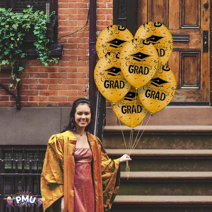 PMU 100 Pcs Gold Graduation Balloons Class of 2025 with All-Over Print White Grad Caps-Confetti and Streamers | Graduation Party Supplies | Congratulations Grad Latex Balloons Latex