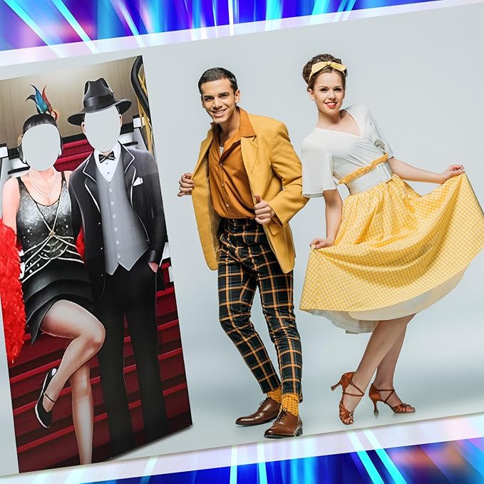 Amyhill 6 ft Roaring 20s Flapper and Gentleman Couple Cardboard Cutout Stand up Retro Faceless Life Size Photo Prop Vintage Dance Couple Backdrop for Dance Theme Jazz Night Party Decoration