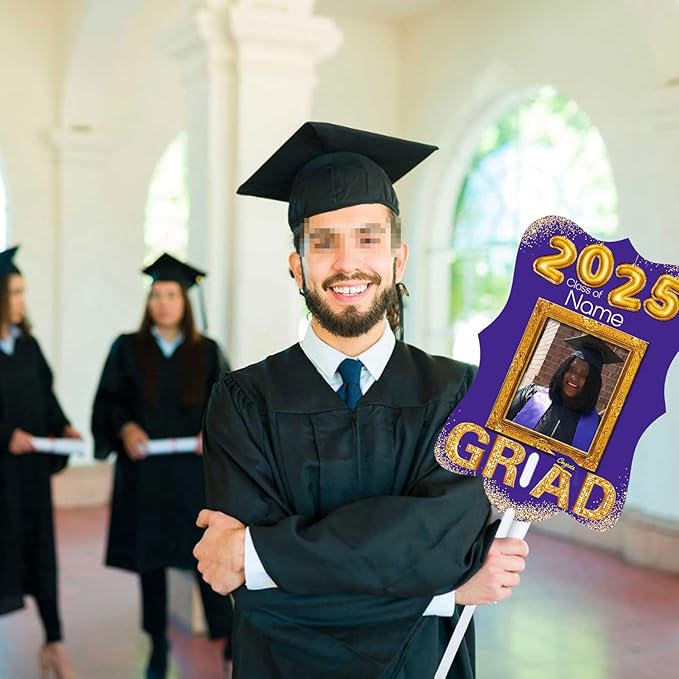 Personalized Graduation Double Sided Face Fan Class of 2026 Customized Graduation Head Face Cutout with Handle Fun Photo Prop Supplies(A-Purple and Gold,12pcs)