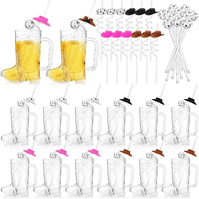 36 Pcs Cowboy Boot Glasses Bulk, 12 Cowboy Drink Mugs 12 Cowgirl Hat Straws 12 Mirror Disco Ball Stirrers for Western Theme Party Bachelorette Birthday Decorations(Clear)