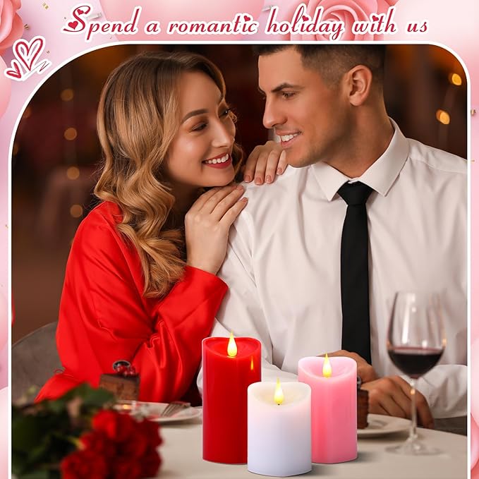 Retisee 3 PCS Valentine's Day Heart Pillar Candle - 4" 5" 6" LED Battery Operated Flameless Candle with Remote for Valentine Women Romantic Home Weeding Decoration Gift(Red, Pink, White)
