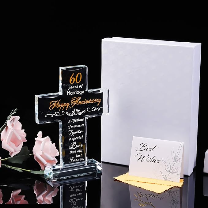 YWHL 60th Anniversary Cross Gifts for Couple Parents, 60 Years Wedding Anniversary Keepsake for Him Her, Laser Carved 60 Years of Marriage Glass Cross Decoration