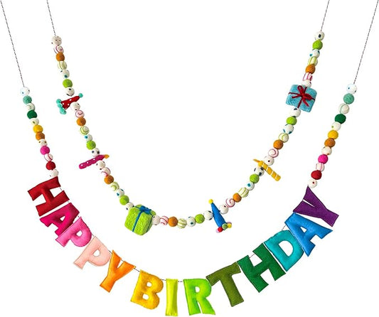 2 PCS Pre-Strung Happy Birthday Banner, Rainbow Party Decorations, HAPPY BIRTHDAY Felt Ball Garland, Personalized Birthday Sign for Birthday Decor, Party Supplies, Photo Prop, Decoración De Cumpleaños