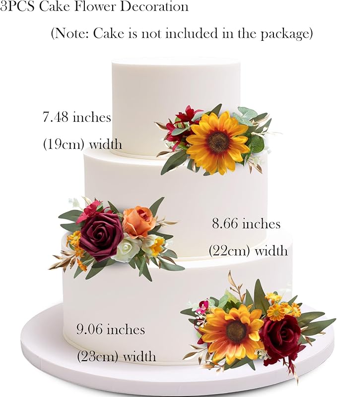 Marriwise 3Pcs Pre-made Cake Toppers Flowers, Sunflower & Red Wedding Cake Decoration,Artificial Flowers Decor for Wedding Ceremony Anniversary,Birthday Party,Fall Vintage (Sunflower & Red)