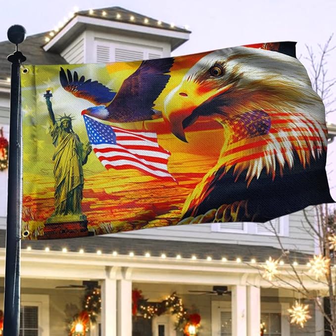 FLAGWIX Combo Pack: USA American Flag 3x5 Ft + Patriotic Eagle Flag 3x5 Outdoor Decor with Grommets Heavy Duty Double Sided Canvas Fabric Flag - American Sunset Art Decoration for Wall, Porch, Yard