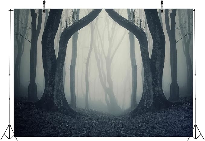 BELECO 15x10ft Fabric Dark Misty Woods Halloween Spooky Forest Backdrop for Photography Magic Grove Vampire Evil Trees Background Witch Wizard Sorcerer Ghost Theme Party Decorations Banner Photo Props