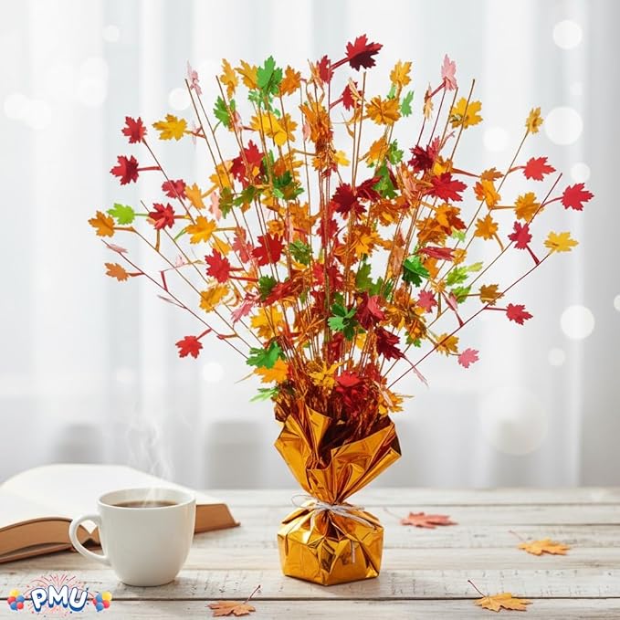 PMU 12Pc Thanksgiving Bursting Party Decoration for Autumn Harvest Seasonal Event, Fall Maple Leaves Table Centerpiece Metallic Foil Spray Centerpieces 15in Red,Gold,Green