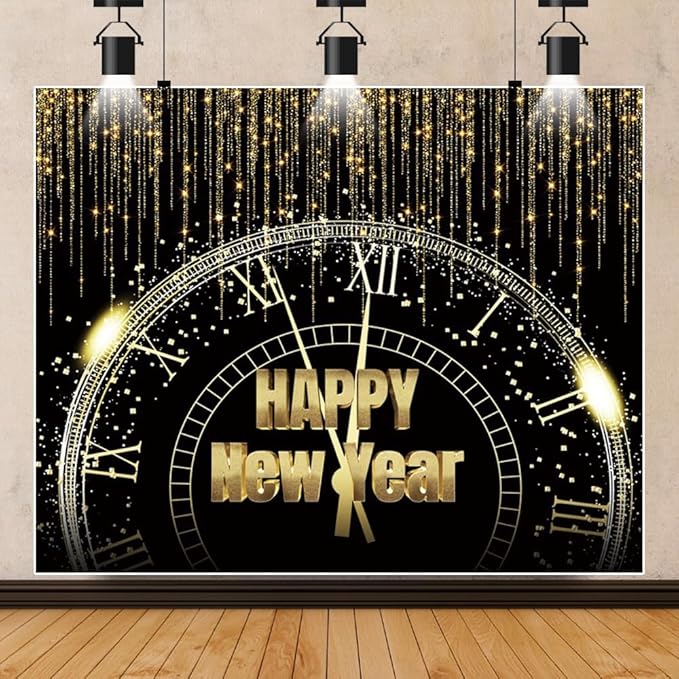 Happy New Year Backdrop 10x8ft New Years Eve Party Supplies Decor Gold Glitter 2026 Countdown Clock Background New Year Banner Family Portraits Decorations Christmas Photo Backdrop