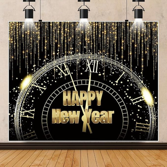 Happy New Year Backdrop 10x8ft New Years Eve Party Supplies Decor Gold Glitter 2026 Countdown Clock Background New Year Banner Family Portraits Decorations Christmas Photo Backdrop
