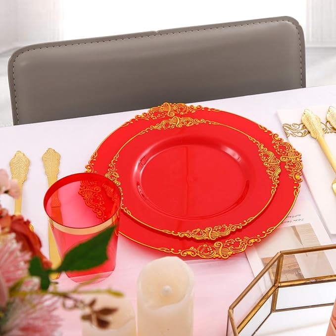 Morejoy 175PCS Red Plastic Plates,Red Disposable Plates With Gold Rim,Red and Gold Plastic Dinnerware Set Includes: 50 Plates,25 Silverware Sets,25 Cups,25 Napkins,Perfect for Party,Wedding,Christmas