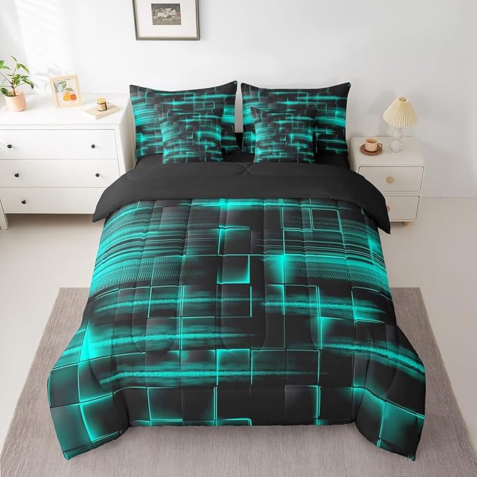 Feelyou TealBlue Black Bedding Set Full Size Boys Girls Geometric Strip Lines Comforter Set with Sheets 7 Piece forBed in a Bag Abstract Modern Bed Set with Comforter,Sheets,Pillowcases