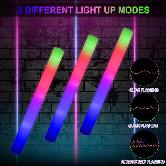 LifBetter Light Up Glow Sticks Bulk, LED Foam Sticks 118 pcs Glow in The Dark with 3 Modes Flashing Led Foam Multicolor Batons Light up Party Favors for Birthdays, Weddings, Concerts, Festivals