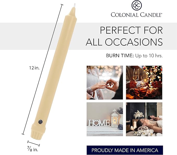 Colonial Candle Unscented Taper Candle, Classic Collection, Limoncello, 12 in, Pack of 12 - Up to 10 Hours Burn
