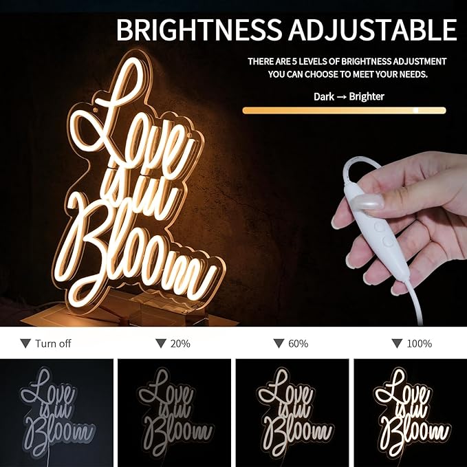 Love is in Bloom Neon Sign for Wall Decor Dimmable Led Lights Signs Letters Signs for Bridal Shower Warm White Neon Light Room Decor for Wedding Engagement Christmas Party Gift 12.8*15.16 in