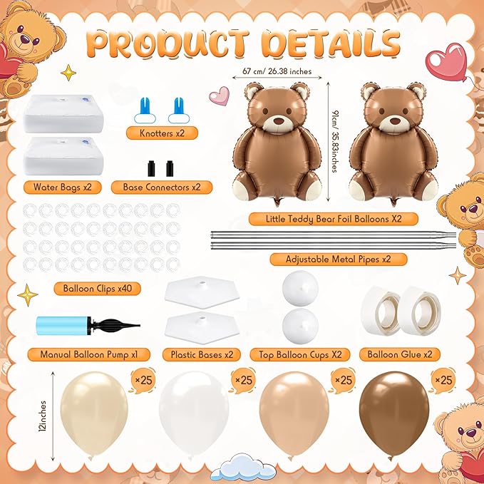Kasyat 2 Set Neutral Balloon Column Stand Kit Bear Balloon Arch Kit, Bear Baby Shower Decorations with Brown Beige Nude Tan Balloons for Baby Shower Decorations Gender Reveal Birthday Party Decoration